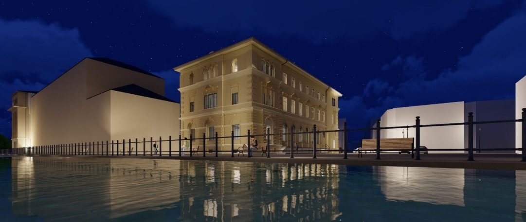 Rendu 3D nocturne d'un bâtiment au bord de l'eau issu d'une maquette BIM AUIGE
